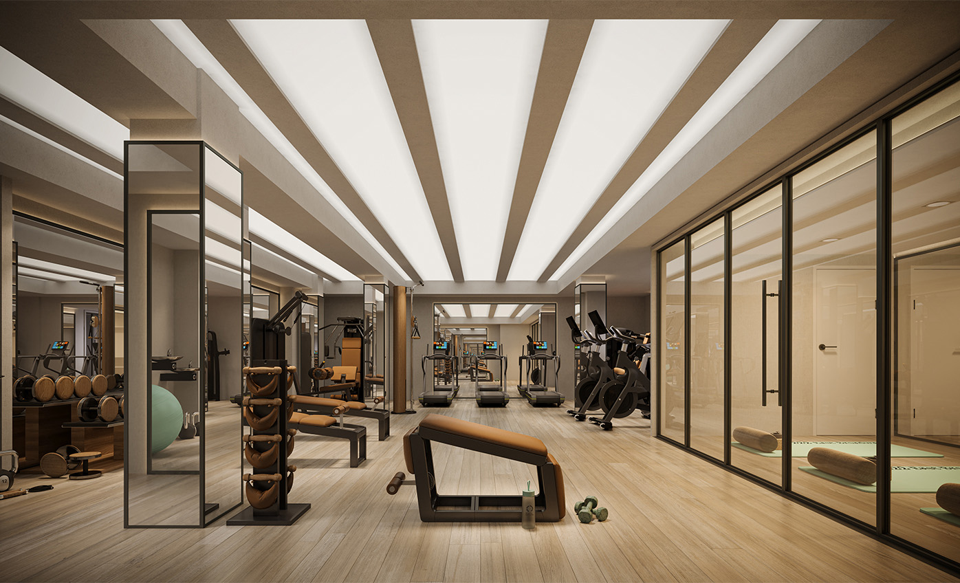 Fitness center with white oak flooring at 222 LES, luxury tower and loft residences at 222 East Broadway by Corcoran Sunshine with website and branding by Sideways creative agency