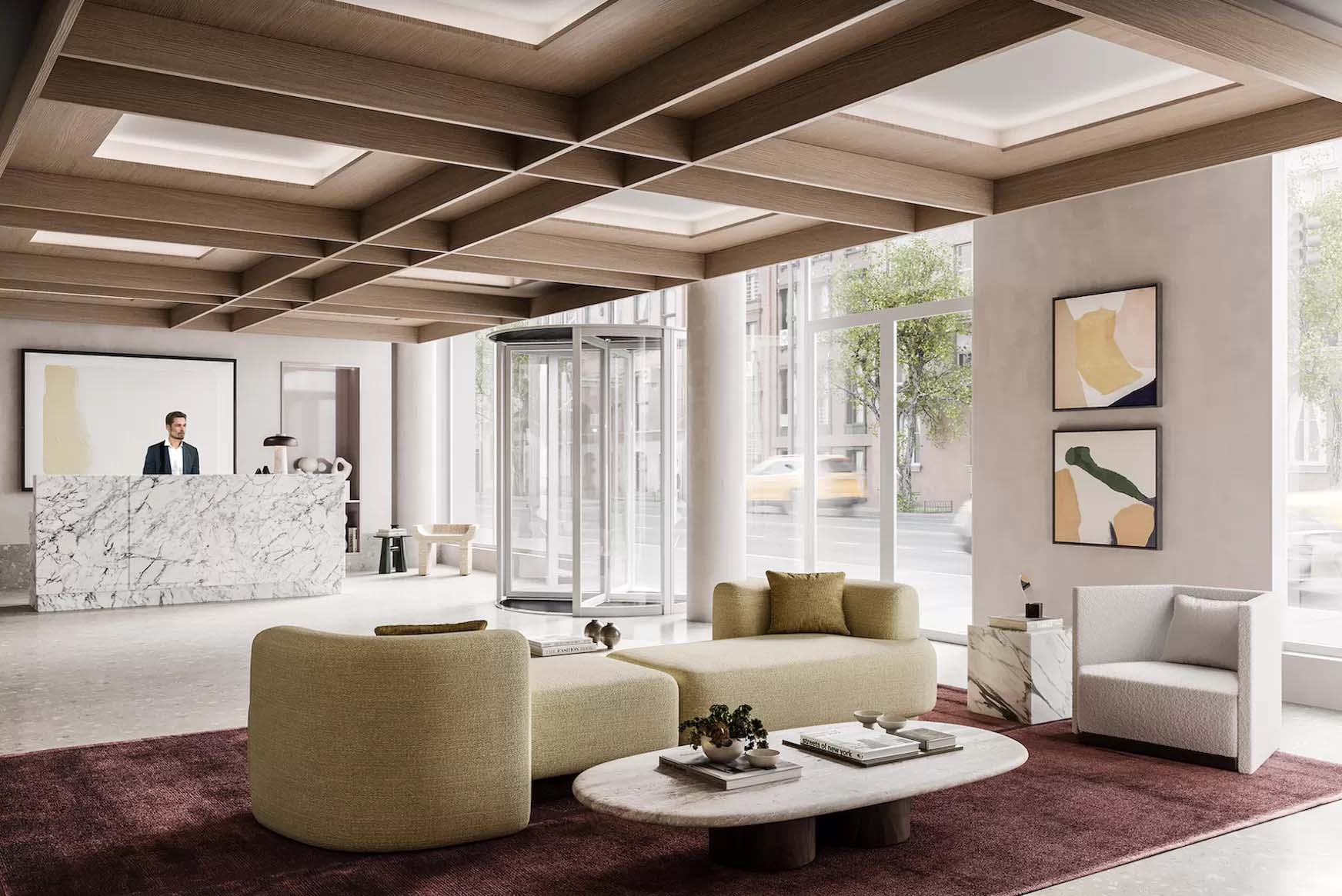 light filled luxury lobby of 222 LES, luxury tower and loft residences at 222 East Broadway by Corcoran Sunshine with website and branding by Sideways creative agency